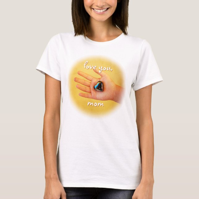 Love You Mom Child Hand Holding Blue Heart Photo T-Shirt (Front)