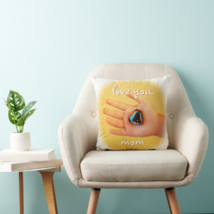 Love You Mom Child Hand Holding Blue Heart Photo Throw Pillow