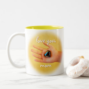 Love You Mom Child's Hand Holding Blue Heart Photo Two-Tone Coffee Mug