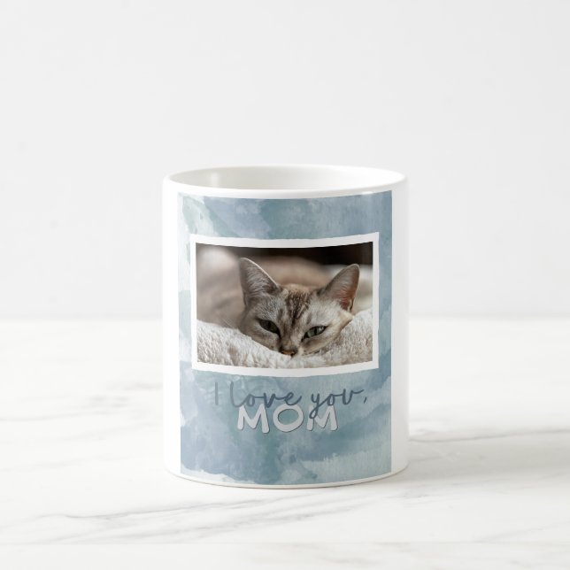 Love You Mom Custom Blue-Green Cat Photo Mug (Center)