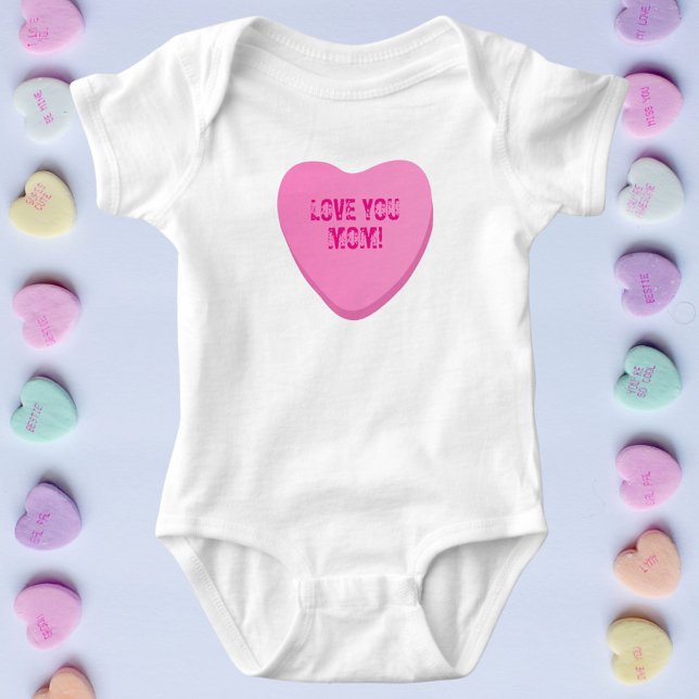 Love You Mom Custom Cute Candy Heart Pink Heart Baby Bodysuit (Pink candy heart with custom text. Cute conversation heart baby bodysuit for Valentine's Day)