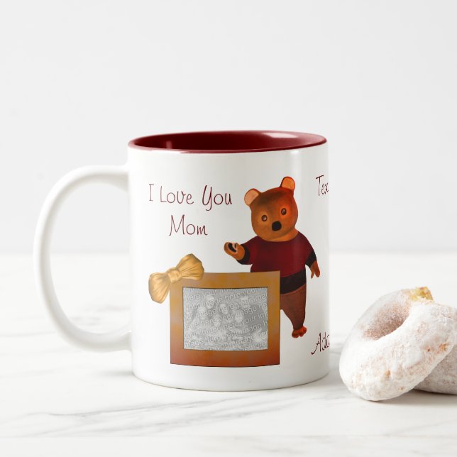 Love You Mom Cute Bear Personalized Photo  Two-Tone Coffee Mug (With Donut)