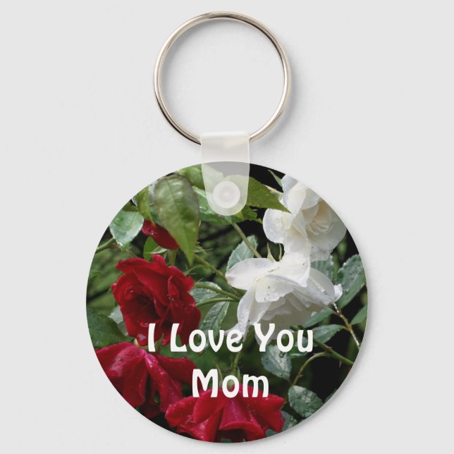 Love You Mom Drenched Roses Flower  Keychain (Front)
