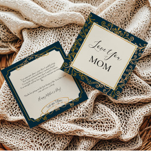 Love You Mom Elegant Navy and Gold Scrolls Card