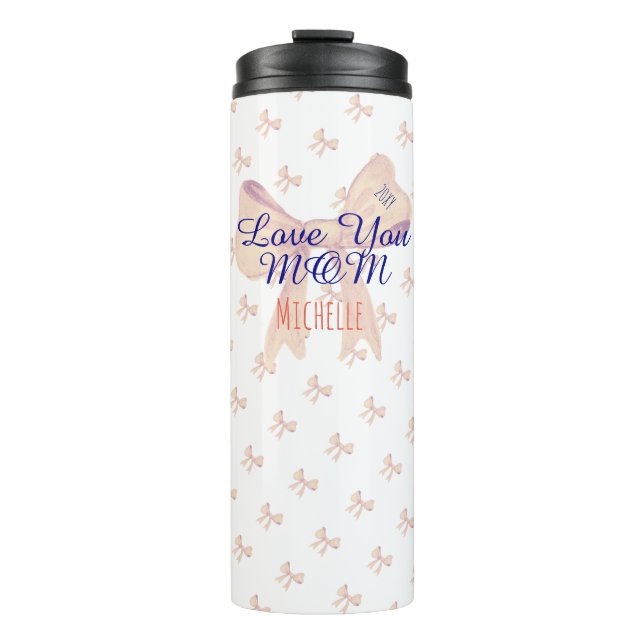 Love You Mom Elegant Personalized Blush Bow Gift Thermal Tumbler (Front)