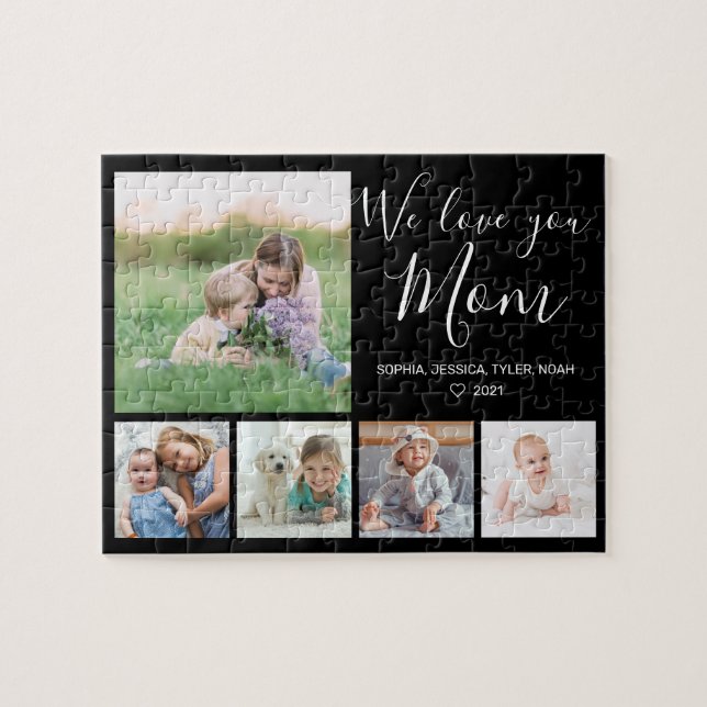 Love You Mom Family Photo Collage Black Jigsaw Puzzle (Horizontal)