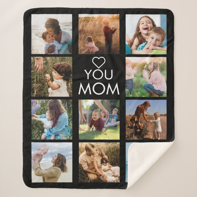 Love You Mom Family Photo Collage Black Sherpa Blanket (Front)