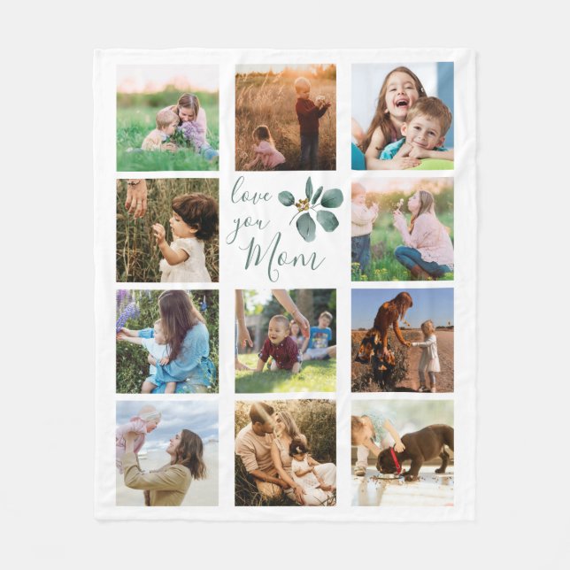 Love You Mom Family Photo Collage Eucalyptus Fleece Blanket (Front)