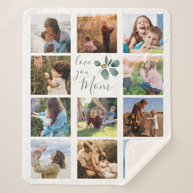 Love You Mom Family Photo Collage Eucalyptus Sherpa Blanket (Front)