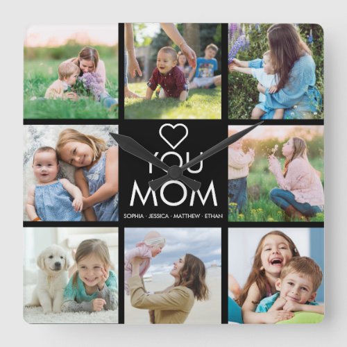 Love You Mom Family Photo Collage Heart Square Wal Square Wall Clock