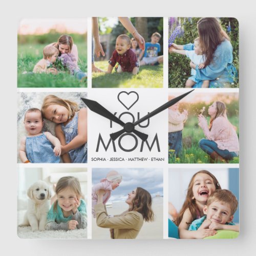Love You Mom Family Photo Collage Heart Square Wall Clock