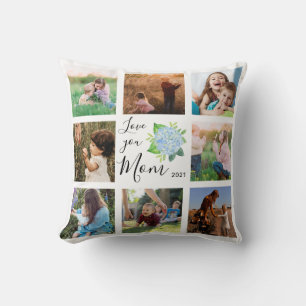 Love You Mom Family Photo Collage Hydrangea Floral Throw Pillow