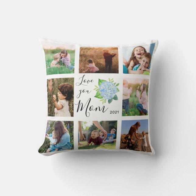 Love You Mom Family Photo Collage Hydrangea Floral Throw Pillow (Front)