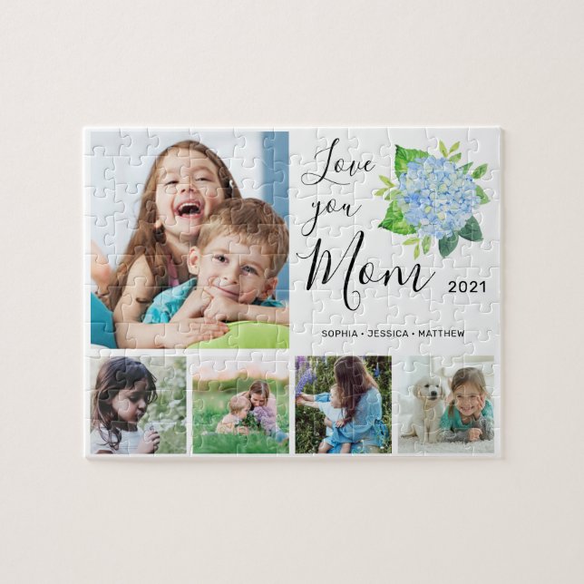 Love You Mom Family Photo Collage Hydrangea Jigsaw Puzzle (Horizontal)