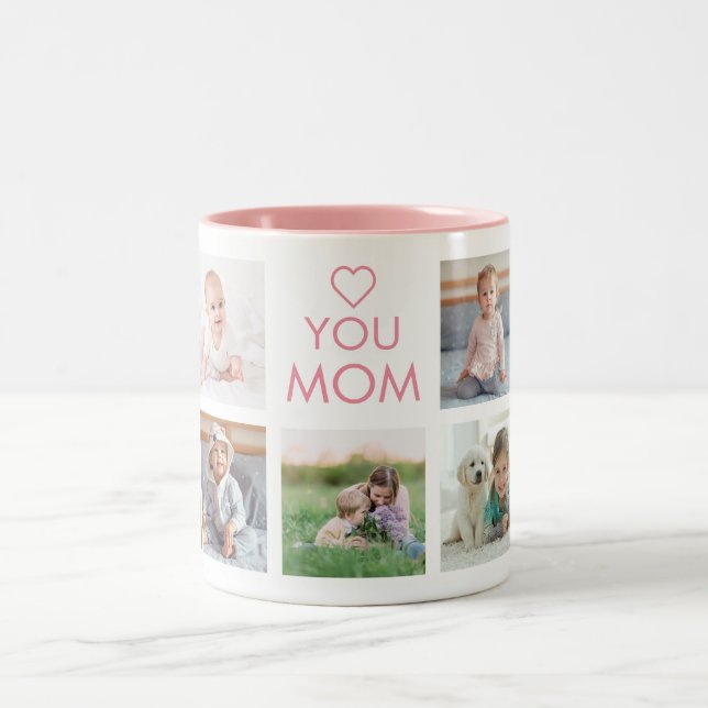 Love You Mom Family Photo Collage Pink Two-Tone Coffee Mug (Center)