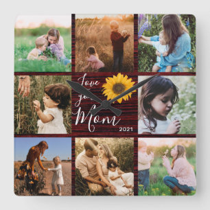 Love You Mom Family Photo Collage Rustic Sunflower Square Wall Clock