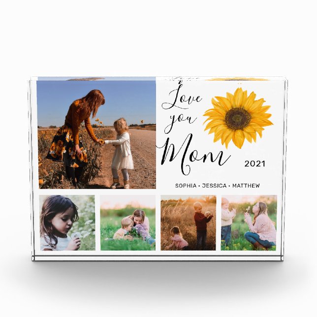 Love You Mom Family Photo Collage Sunflower Block (Front)
