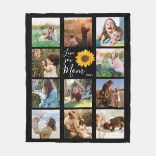 Love You Mom Family Photo Collage Sunflower Fleece Blanket