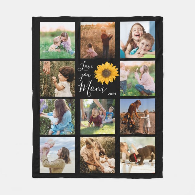 Love You Mom Family Photo Collage Sunflower Fleece Blanket (Front)