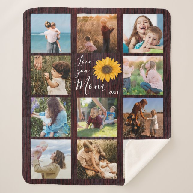 Love You Mom Family Photo Collage Sunflower Rustic Sherpa Blanket (Front)