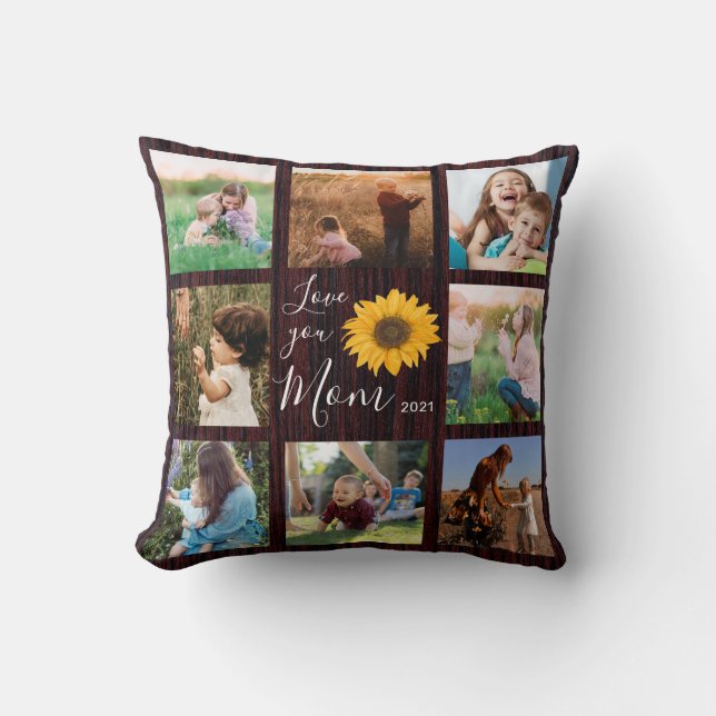 Love You Mom Family Photo Collage Sunflower Rustic Throw Pillow (Front)