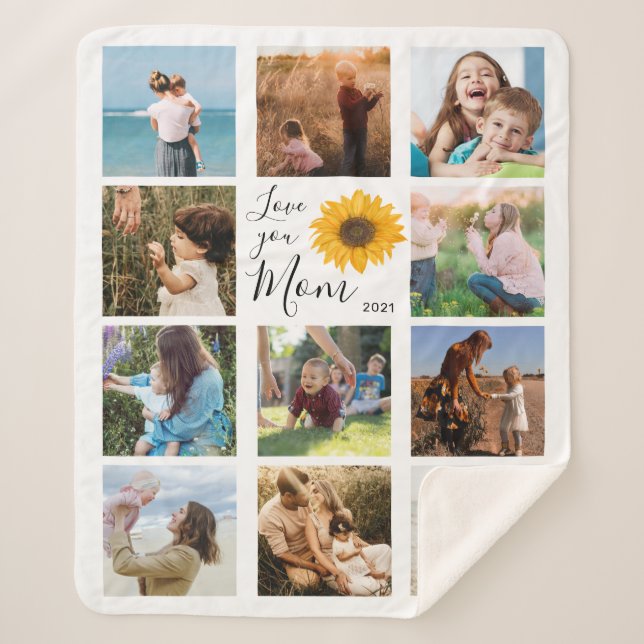 Love You Mom Family Photo Collage Sunflower Sherpa Blanket (Front)