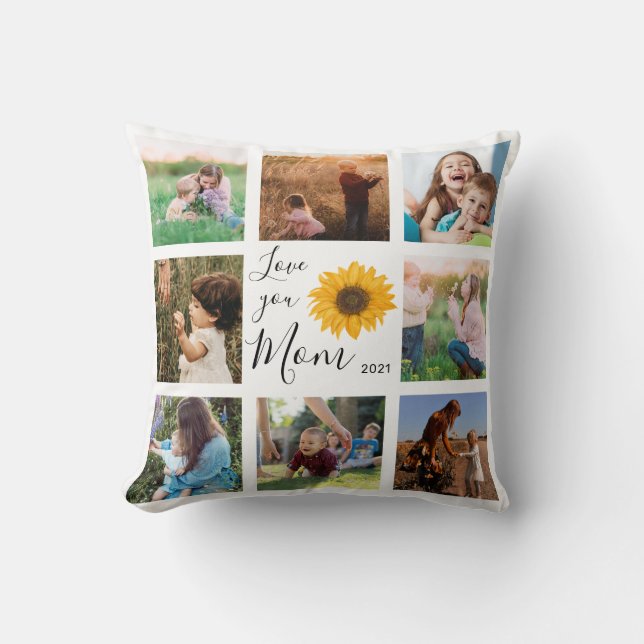 Love You Mom Family Photo Collage Sunflower Throw Pillow (Front)