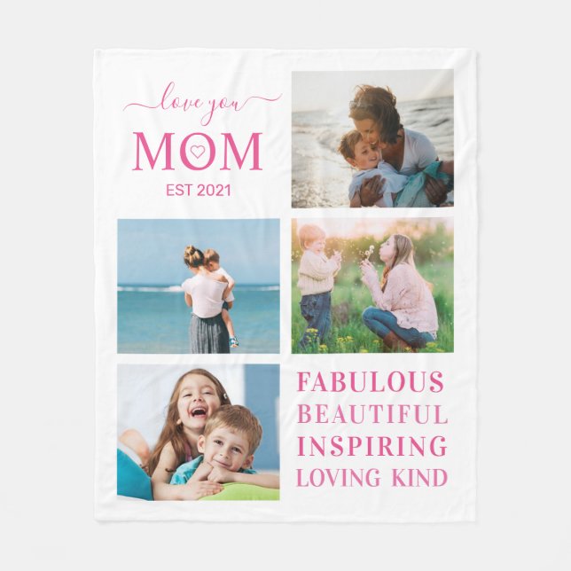 Love You Mom Family Photo Collage Typography Fleece Blanket (Front)