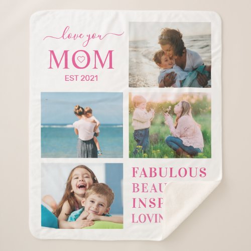 Love You Mom Family Photo Collage Typography Sherpa Blanket