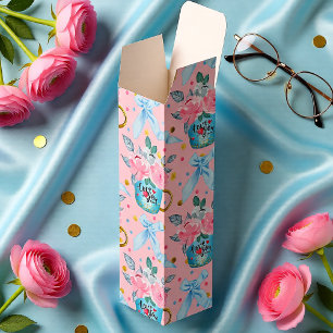 Love You Mom Floral Teacup Pink Blue Bow Mother’s Wine Box