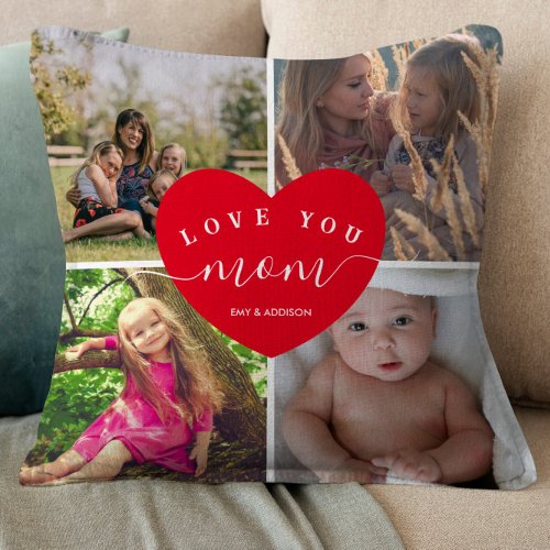 Love You MOM Gifts Photo Collage Cute Heart Script Throw Pillow