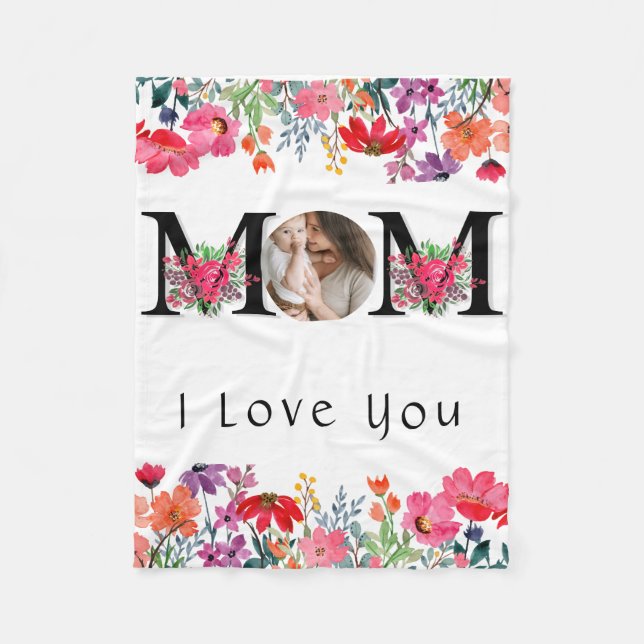 LOVE YOU MOM Happy Mothers Day Photo Personalized Fleece Blanket (Front)