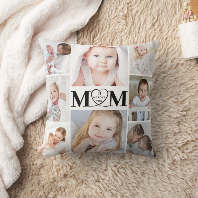 Love You Mom Heart 8 Photo Collage Throw Pillow (Blanket)