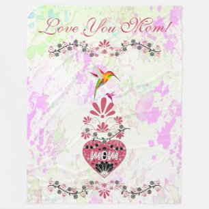 Love You Mom Heart Hummingbird Mothers Day Floral Fleece Blanket