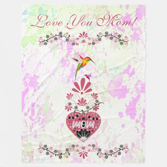  Love You Mom Heart Hummingbird Mothers Day Floral Fleece Blanket (Front)