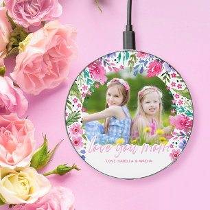 Love You Mom Kids Photo Watercolor Floral Wireless Charger
