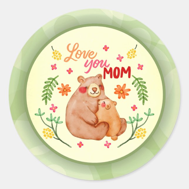 Love You Mom - Mama Bear and Cub Mother's Day Classic Round Sticker (Front)