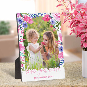 Love you mom Mothers Day Watercolor Floral Plaque