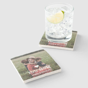 Love You Mom Mother's Day White Heart Family Photo Stone Coaster