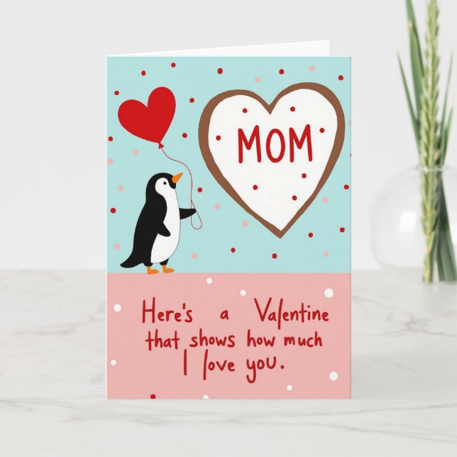 Love You Mom Penguin Heart Card (Front)