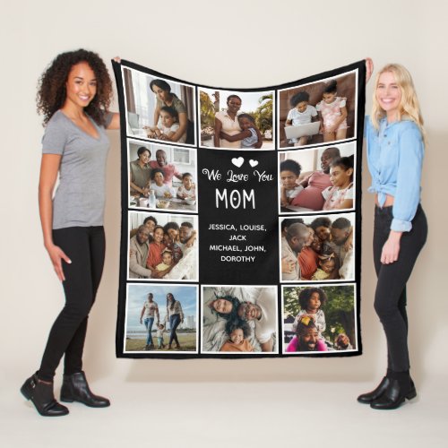 Love You Mom Photo Collage Black Fleece Blanket