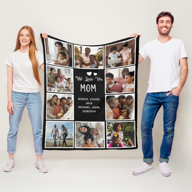 Love You Mom Photo Collage Black Fleece Blanket (In Situ)