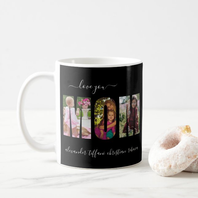 Love You Mom Photo Collage Letters Coffee Mug (With Donut)