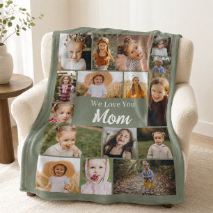 Love You Mom Photo Sage Green Collage Fleece Blanket