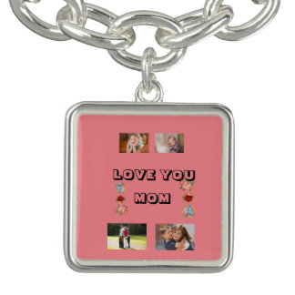 Love You Mom Pink Floral Photo Design Bracelet