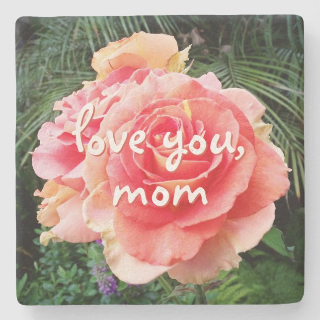 Love You Mom Pink Rose Flower Photo Script Stylish Stone Coaster (Front)