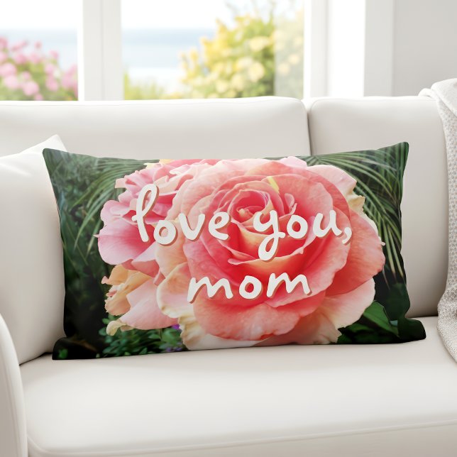 Love You Mom Pink Rose Photo Script Bold Modern  Lumbar Pillow (Creator Uploaded)