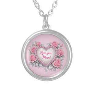 Love You Mom Pink Roses Necklace