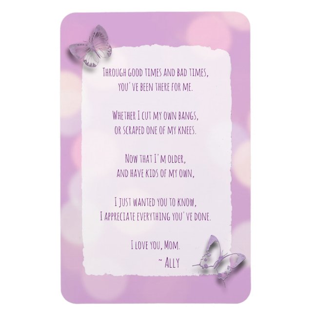 Love you Mom, Poem, Purple Butterflies Magnet (Vertical)