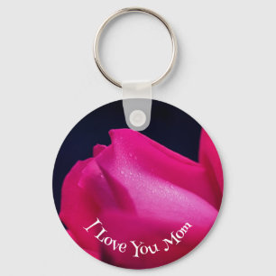 Love You Mom Red Rosebud Flower Keychain